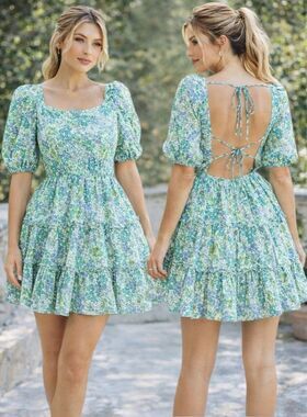 Sky to Moon Floral Tiered Mini Dress Green Blue Puff Sleeve Open Back Size M New